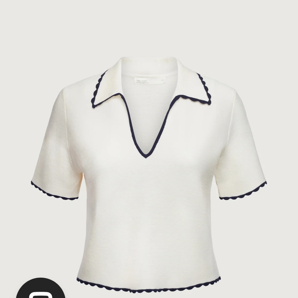 OAK + FORT Ivory Sweater with Navy Scalloped Trim